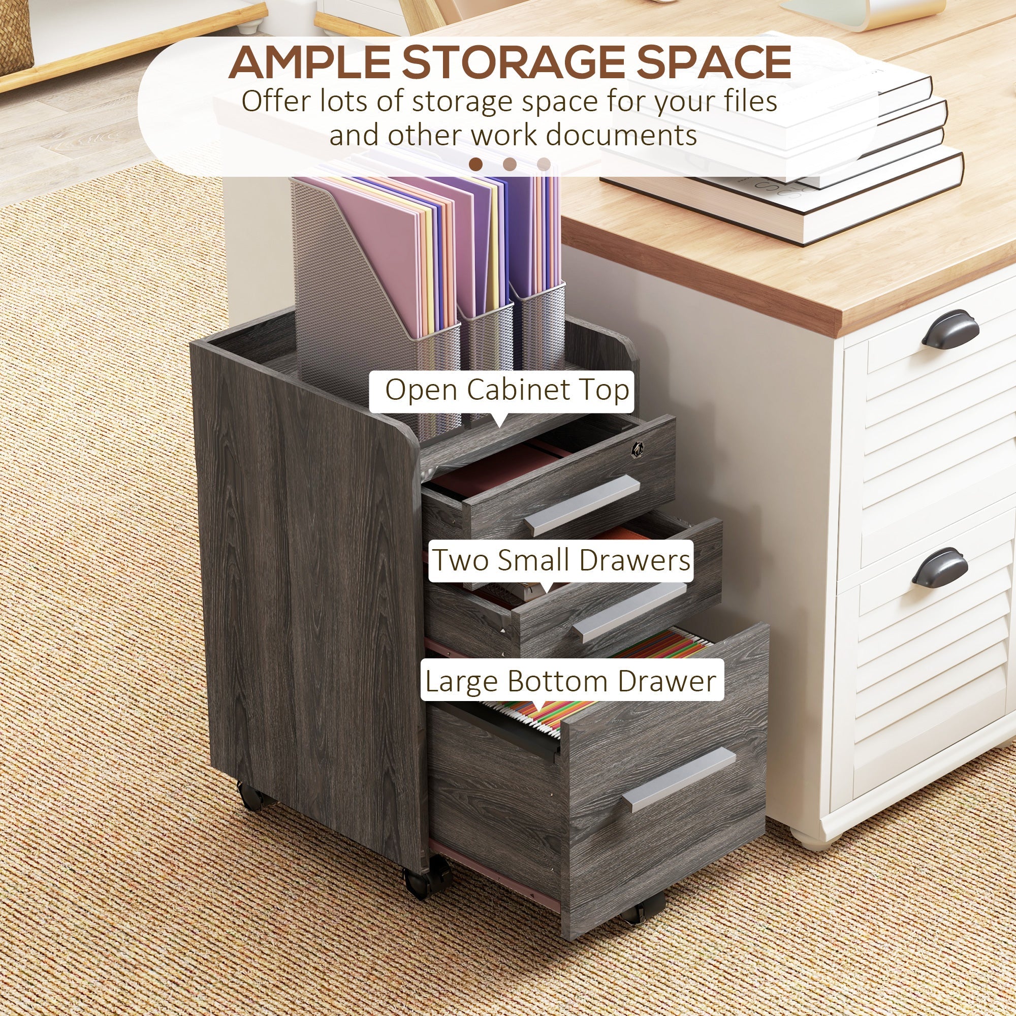 HOMCOM 3 Drawer Vertical Mobile Filing Cabinet with Lock and Wheels for A4 Letter Size Grey 