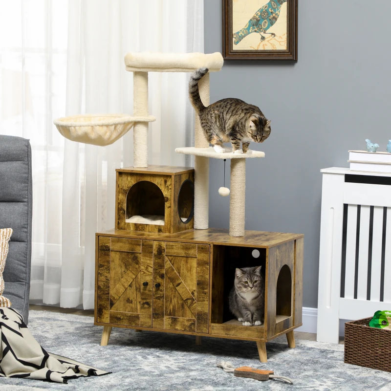 Litter Box Enclosure with Cat Tree Tower, Hidden Cat Washroom Furniture with Condo, Scratching Posts, Large Platform, Hammock and Soft Cushion, Rustic Brown
