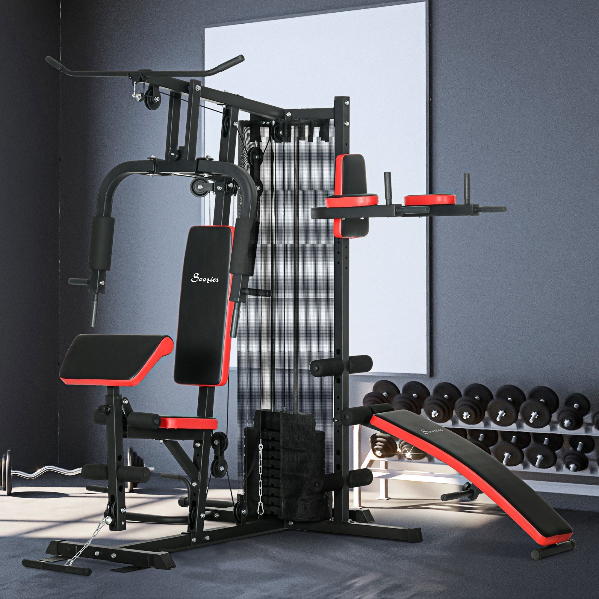 Soozier 99lbs Weight Set Complete Home Gym Sit Up Push Up Dip Station Bench Full Body Workout Equipment 
