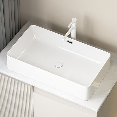 Modern Nordic Style Ceramic Vanity Sink - Rectangular Countertop Basin with Black Faucet for Home, Hotel, or Bathroom - Classic White Design, Freestanding Installation, Bathroom Sink 