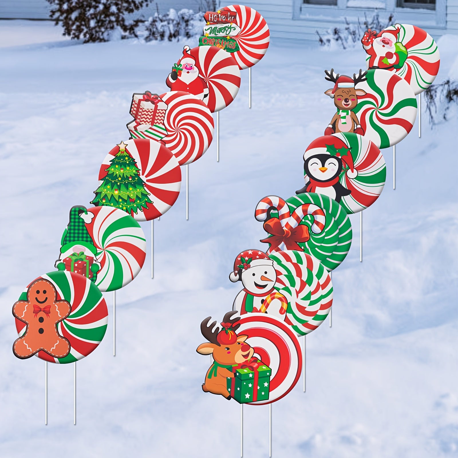 12 PCS Christmas Decorations Outdoor Yard Signs, Candy Xmas Holiday Lawn Garden Decorations, Waterproof Double Side Print For Pathway Walkway Holiday Decor