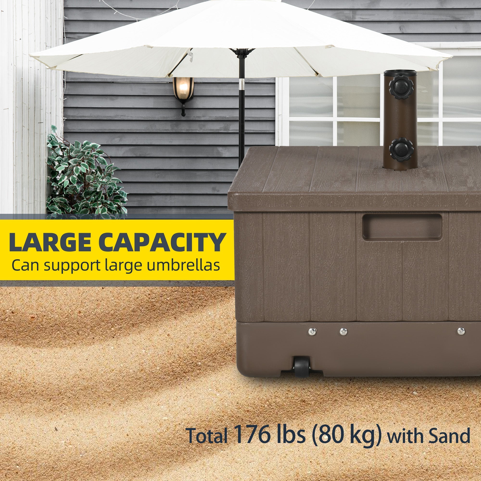 Outsunny 3-in-1 Outdoor Umbrella Base with Wheels, Side Table, Planter Box, 175lbs Heavy Duty Patio Umbrella Stand, Brown 