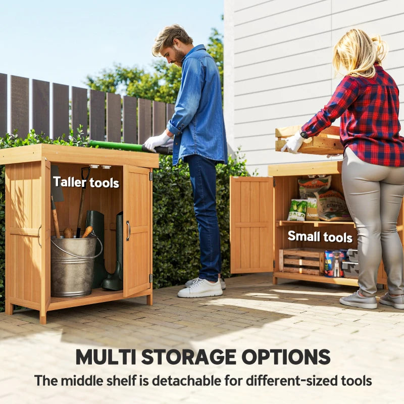 Wooden Garden Tool Storage Shed Kit with Hinged Roof, 2-Tier Shelves and Double Doors, 74x43x88cm, Natural Wood