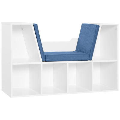 HOMCOM Kiddie Cubby Bliss: 6-Cubby Bookcase with Cushioned Reading Nook, Storage Organizer Cabinet Shelf in White & Blue 