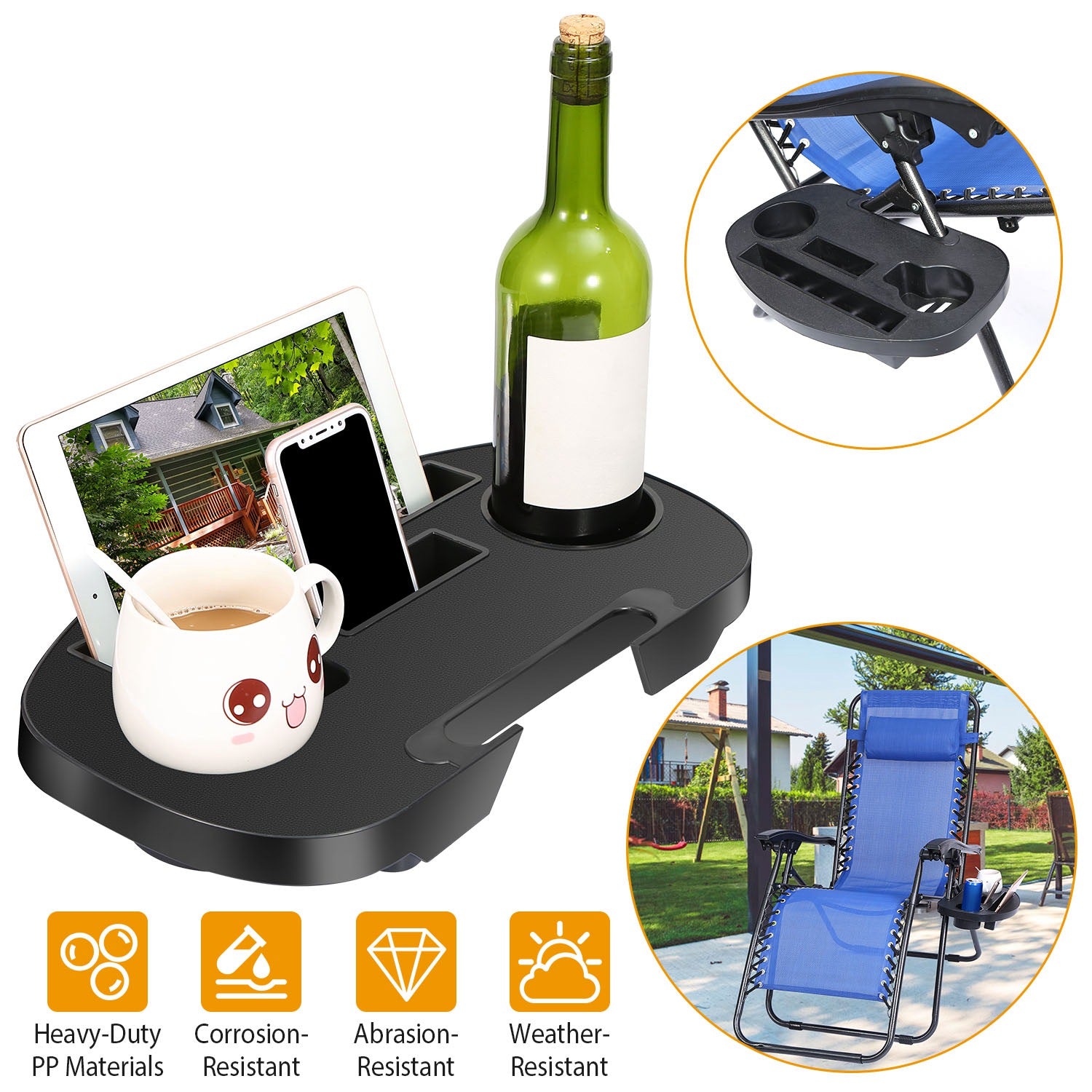 Zero Gravity Chair Cup Holder Clip On Side Tray w/Beverage Can Mobile Devices Slots