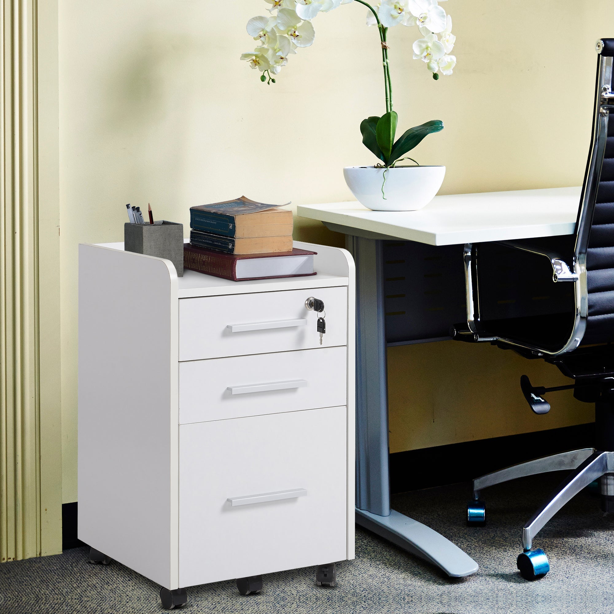 HOMCOM Mobile Filing Cabinet: 3-Drawer Vertical Unit with Lock & Wheels for Letter/Legal Docs, White 