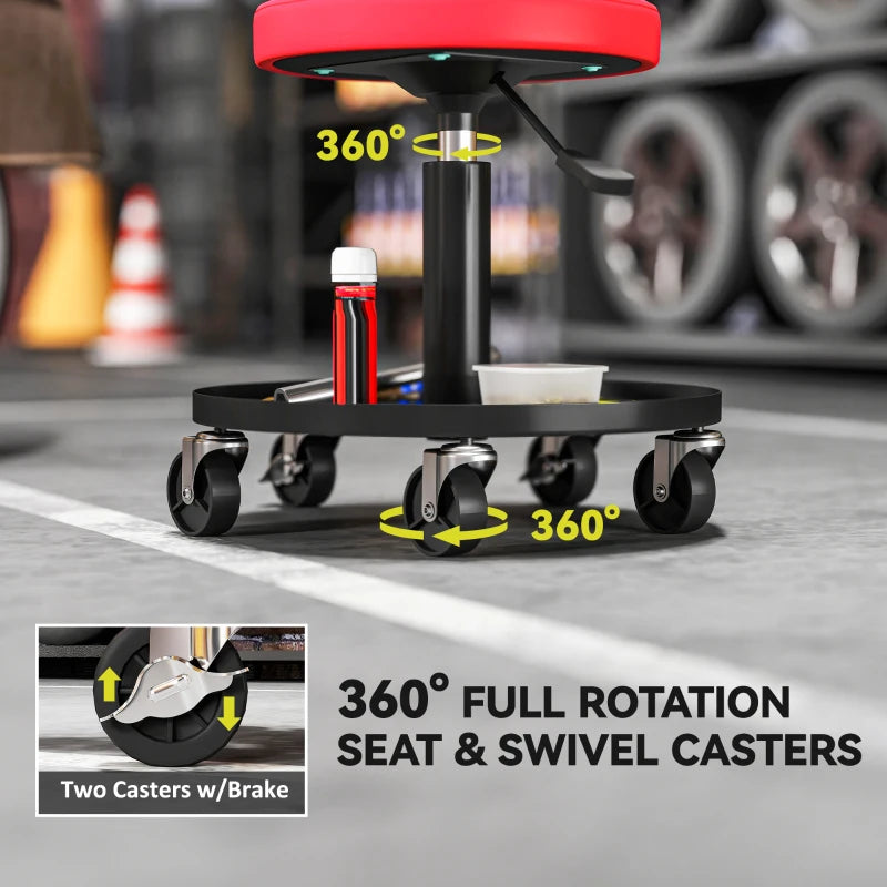 Rolling Garage Stool, 300 LBS Capacity Padded Mechanic Stool with 2.5" Wheels, Adjustable Height 15" -19.7", Red