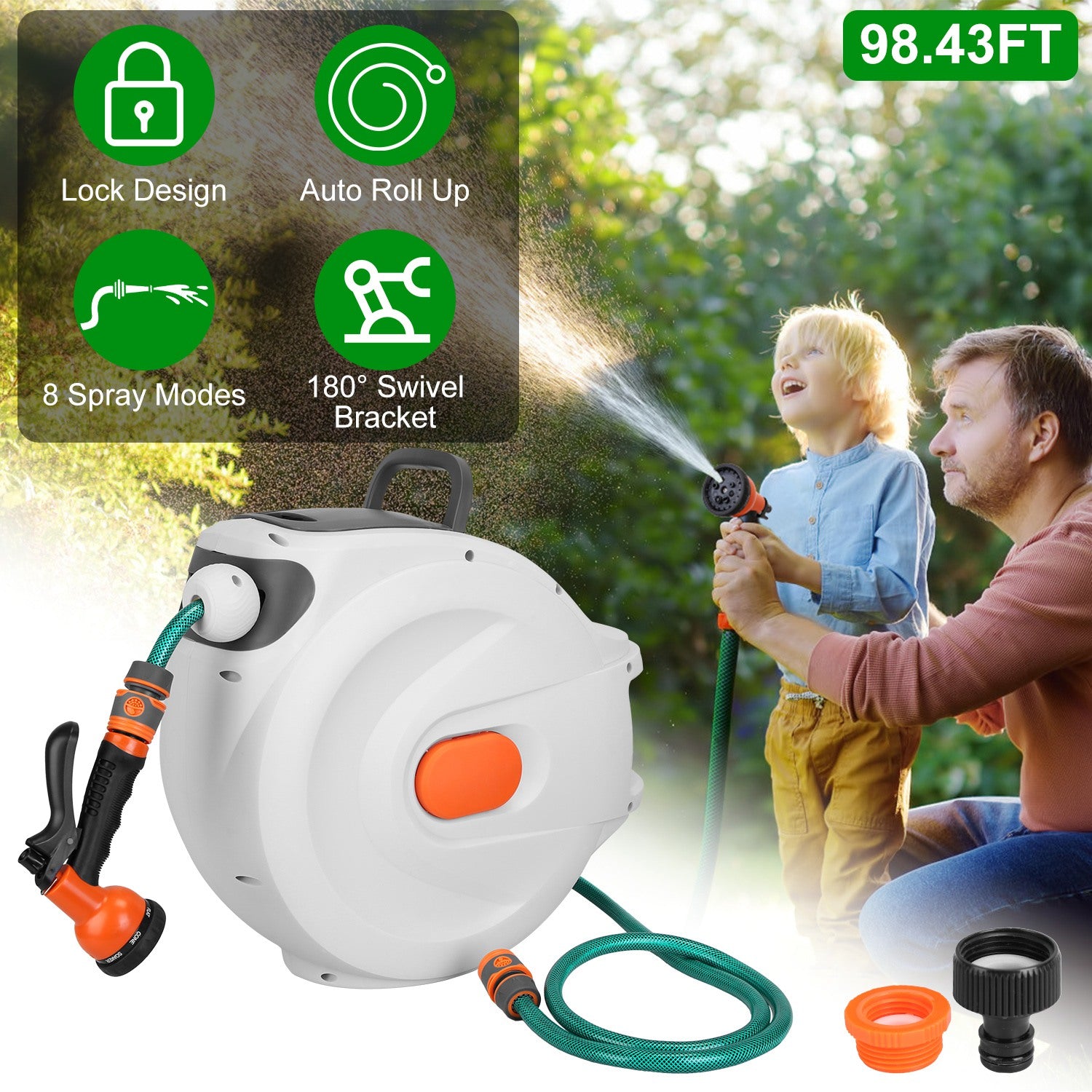 Retractable Garden Hose Reel Wall Mounted Automatic Water Hose Reel with Any Length Lock 8 Pattern Spraying Modes 180° Swivel Bracket