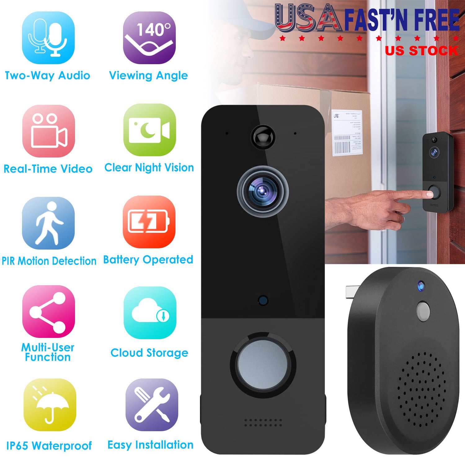 Wireless Smart Wi-Fi Video Doorbell Security Phone Door Ring Intercom Camera Two Way Audio Night Vision 720P Motion Detection Battery Operated