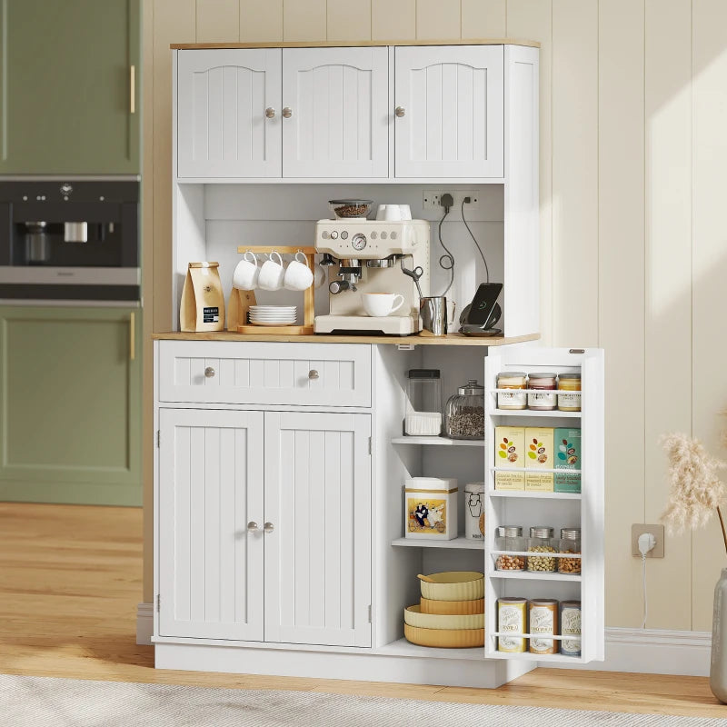 68" Pantry Cabinet with Charging Station, Kitchen Storage Cabinet with Microwave Stand, 4 Door Racks, White