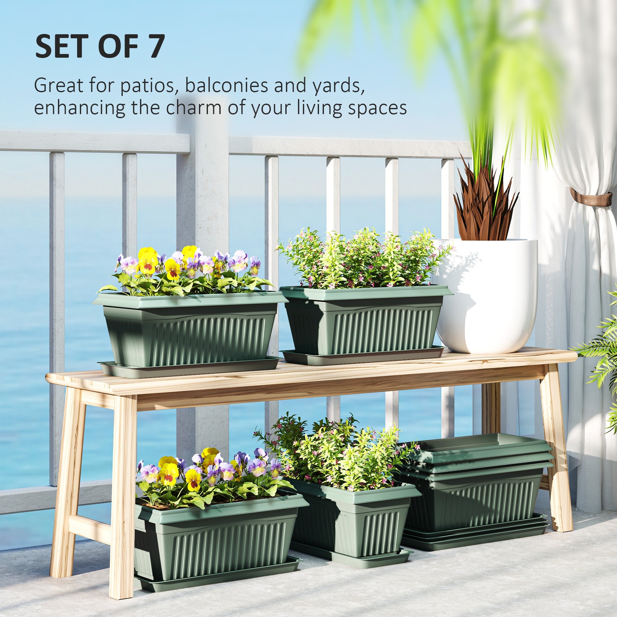 Outsunny 7 Pack 15.7" Plastic Flower Planters with Drainage Holes and Trays, Plant Pots for Indoor Outdoor Plants, Green 