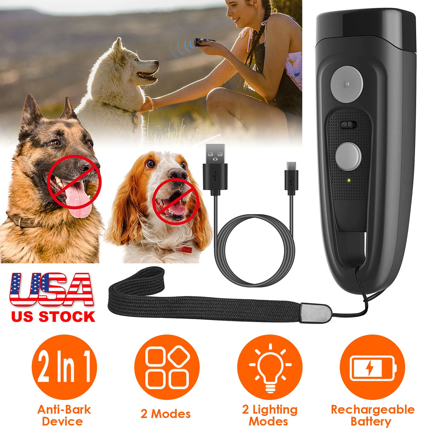 Ultrasonic Dog Anti-Bark Device 2 in 1 Rechargeable Barking Control Training Tool 32ft LED Light 2 Mode Dog Whistle Safe for Dog Human