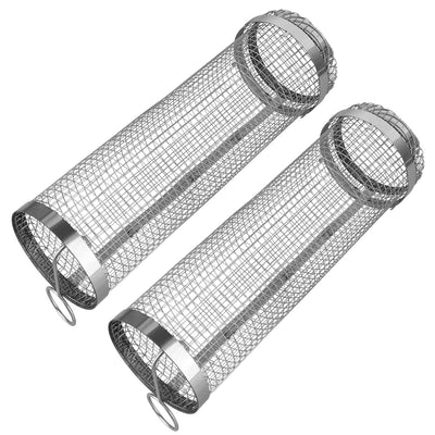 2Pcs 3.42x11.61Inch Portable BBQ Rolling Basket Round Stainless Steel Grill Mesh Barbecue Net Tube with Removable Cover Outdoor Camping 