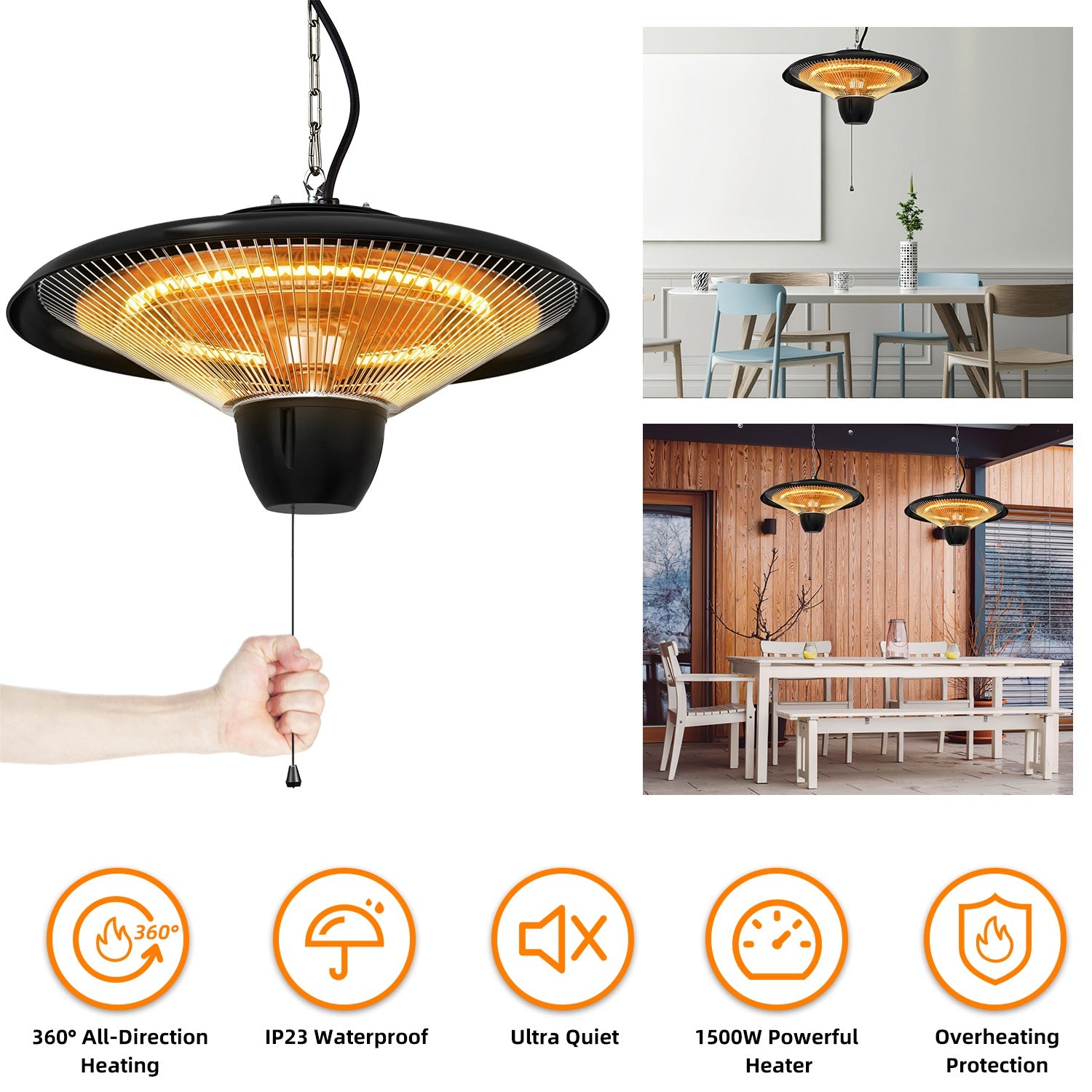 1500W Outdoor Hanging Patio Heater Ultra-Quiet Electric Heating Lamp IP23 Waterproof 2 Heating Levels Overheating Protection Ceiling Mounted Outdoor H