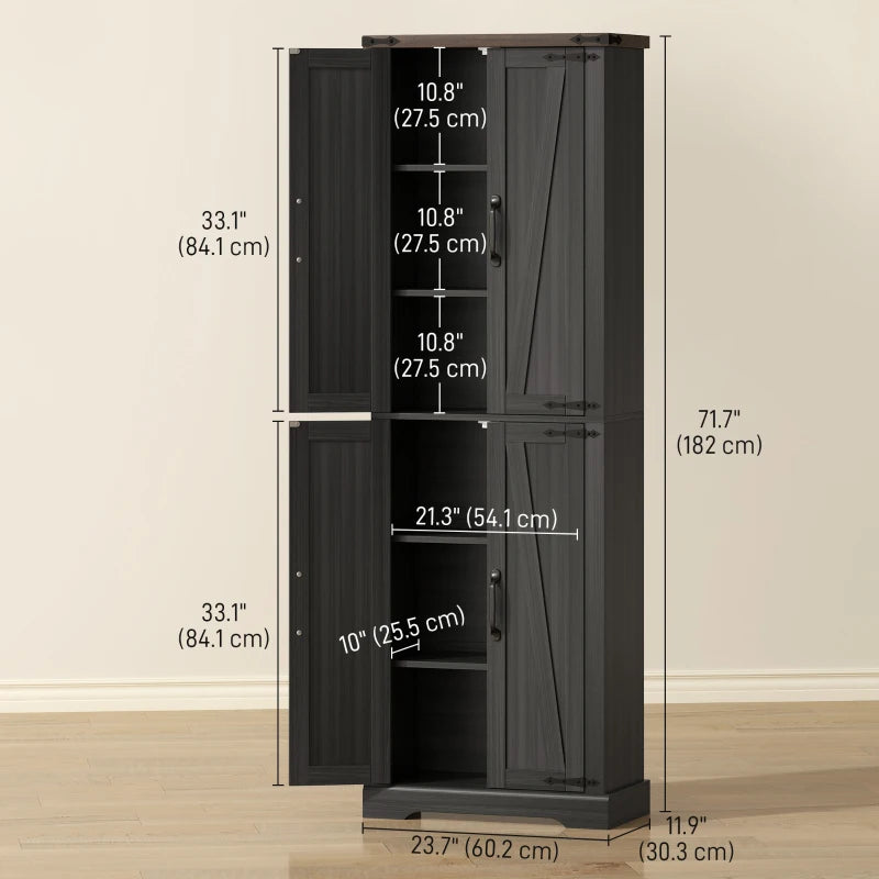 72" Pantry Cabinet, Farmhouse Freestanding Kitchen Storage Cabinet with Adjustable Shelves for Dining Room, Black