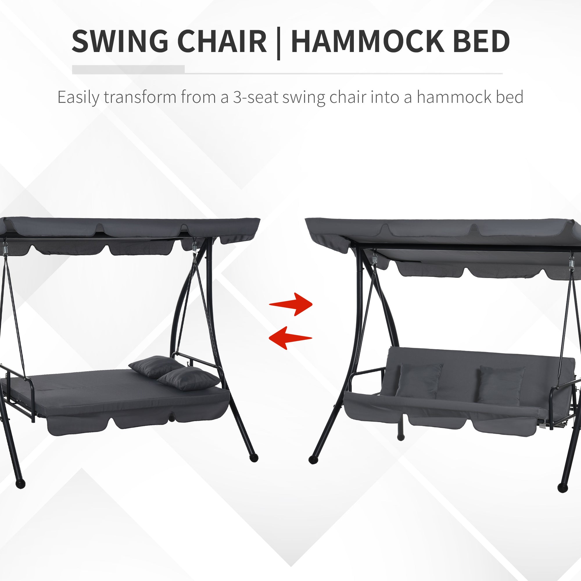 Outsunny Convertible Patio Swing Chair Garden 3 Person Hammock Outdoor Lounge Bed Cushioned with Tilt Canopy Dark Grey 