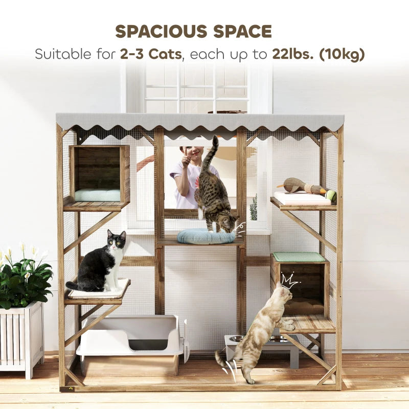 Wooden Catio Outdoor with Window Access, Waterproof Cover, Relaxing Condo, 5 Platforms, Doors, 59" x 28" x 59", Brown