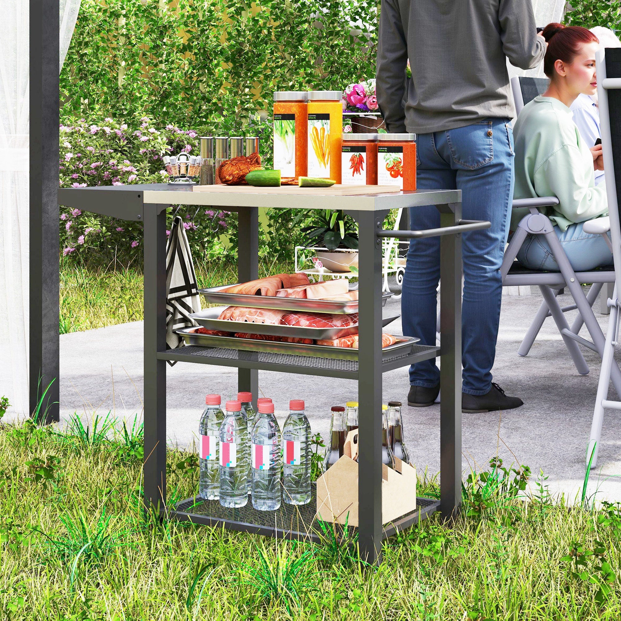 Outsunny Outdoor Grill Cart w/ Foldable Side Table, 3-Tier Pizza Oven Stand w/ Stainless Steel Tabletop, Hooks, Wheels 
