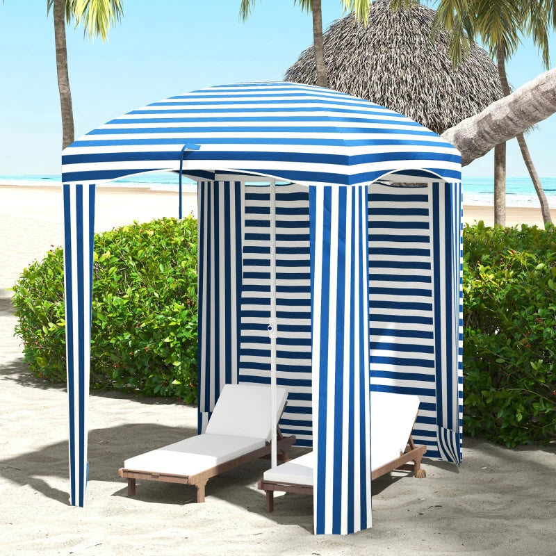 70.1" L x 70.1" W Cabana Umbrella with Walls, Vents, Ruffles, Carry Bag, Beach Umbrella, Blue White Stripe