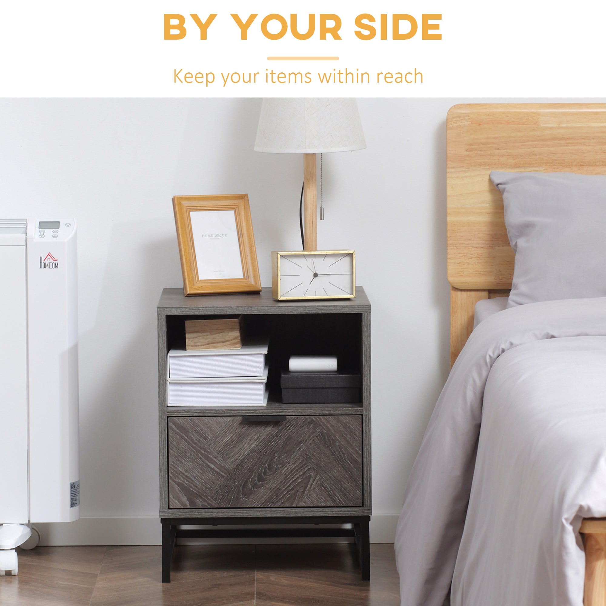 HOMCOM Chic Simplicity: Bedside Table with Drawer Open Shelf, Sofa Side Table for Bedroom Living Room, Dark Grey Finish 