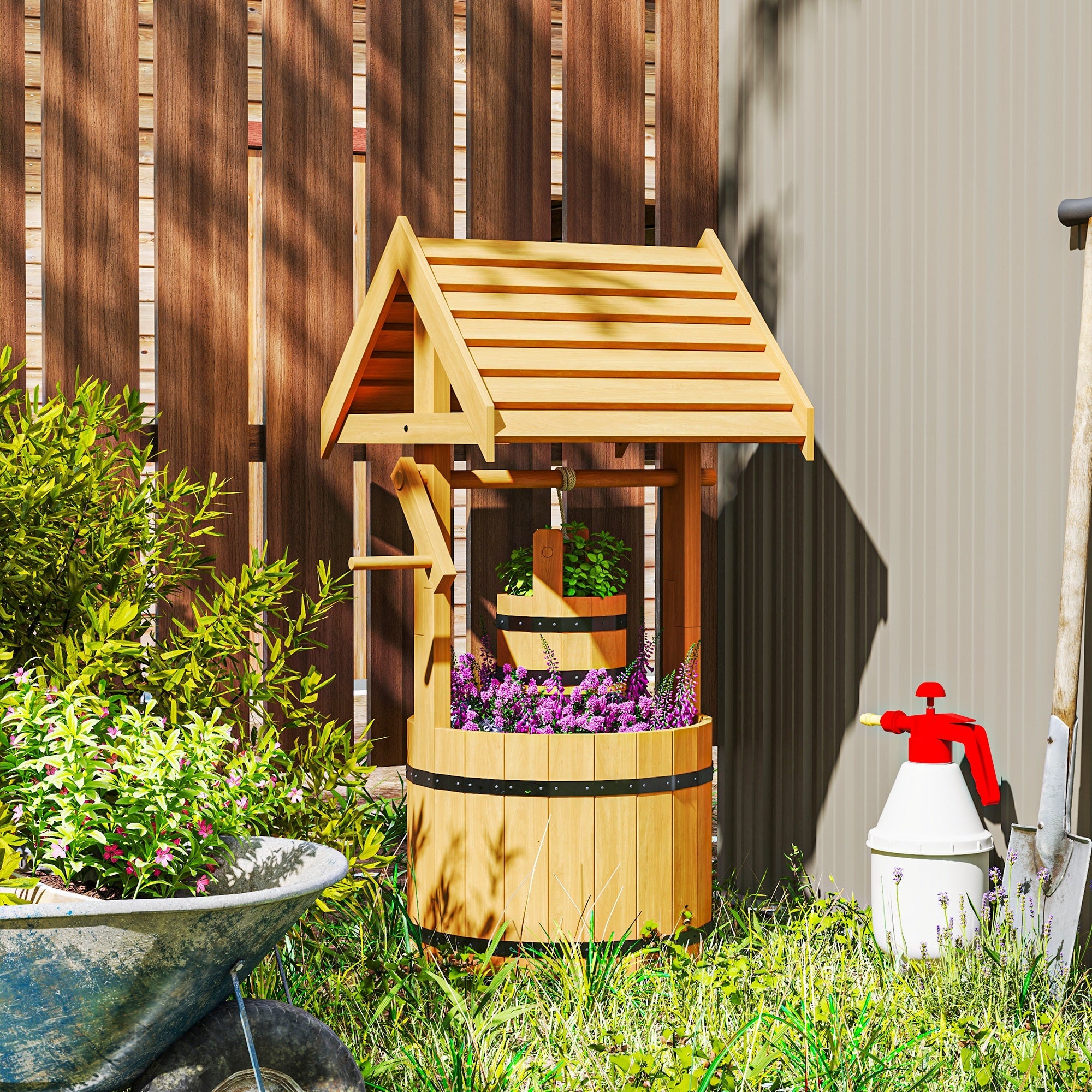 Outsunny Wood Wishing Well Outdoor Wooden Planter with Hanging Bucket and Drainage Hole for Garden, Patio, Backyard, Orange 