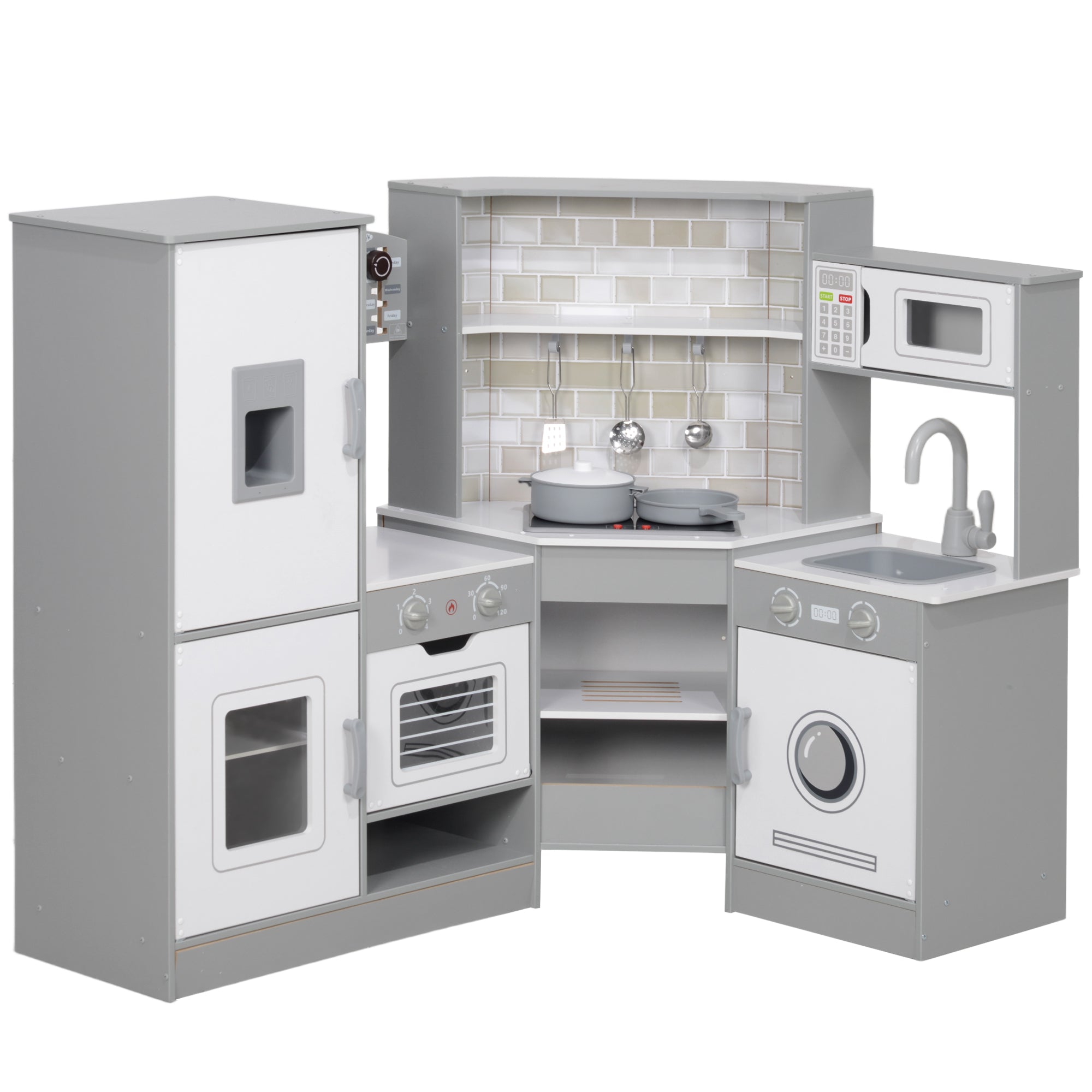 Qaba Corner Play Kitchen, Pretend Play Kitchen Set with Lights & Sounds, Stove Ice Maker Microwave Oven 