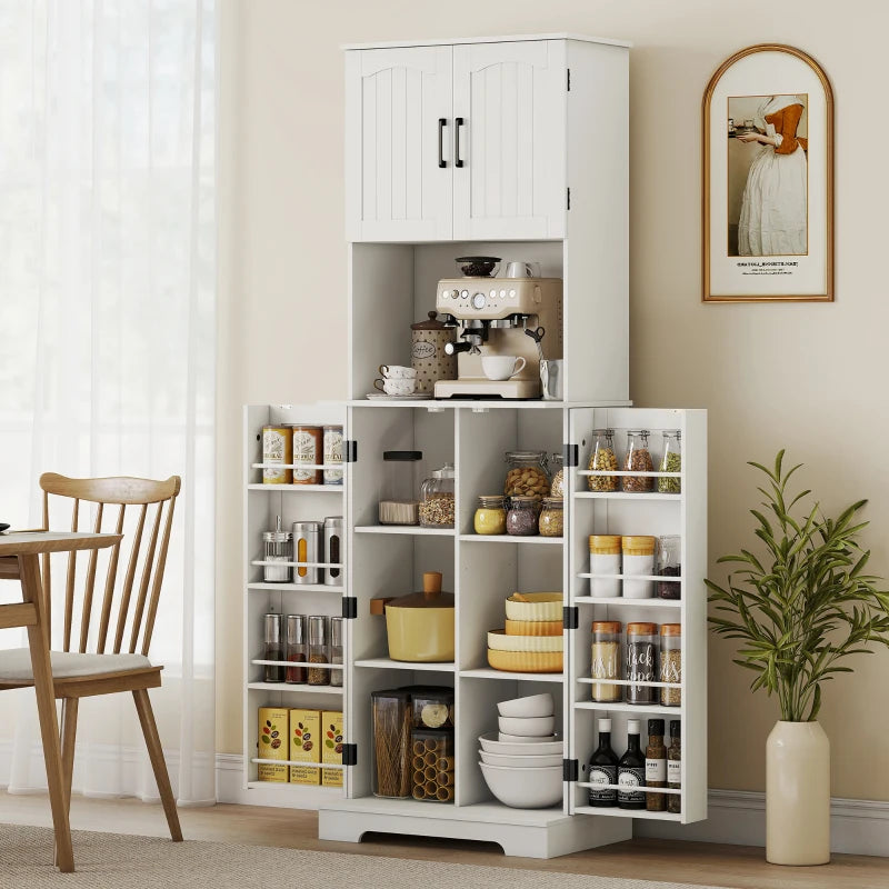 71.5" Tall Pantry Cabinet, Farmhouse Kitchen Storage Cabinet with Adjustable Shelves, 8 Door Spice Racks, White