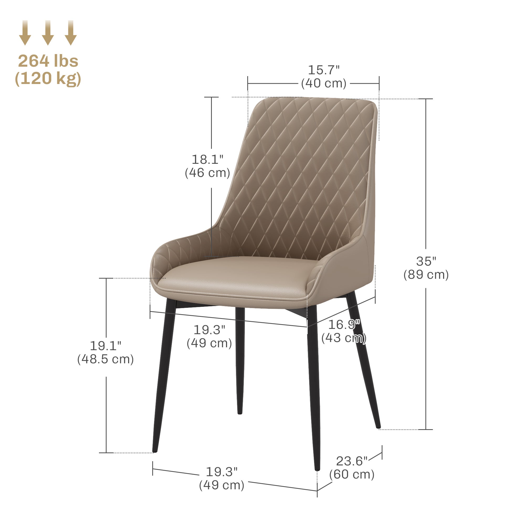 HOMCOM Modern PU Leather Dining Chairs Set of 2 Metal Legs for Dining Room Living Room Khaki 