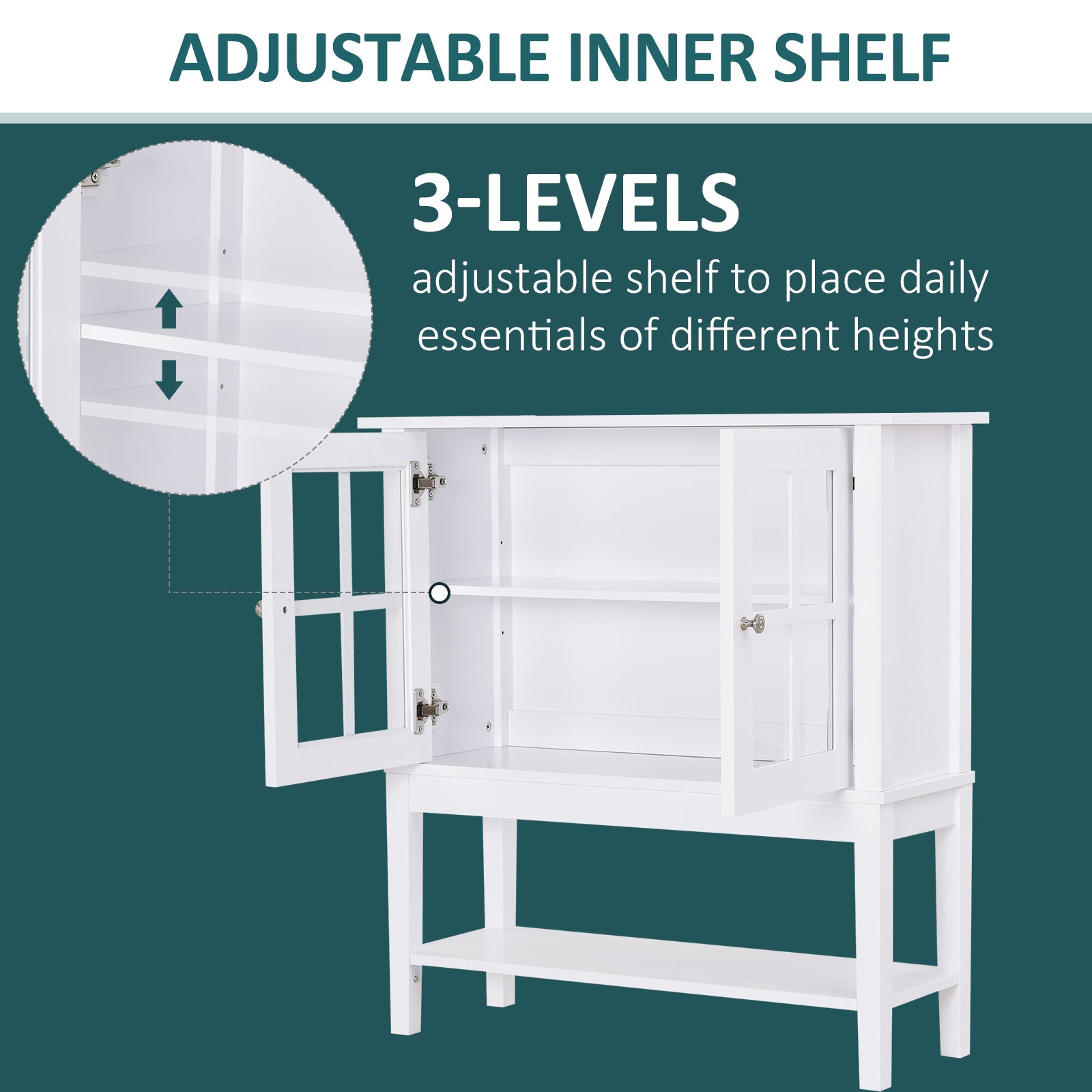HOMCOM Sideboard Buffet Cabinet with Glass Doors Modern Console Table for Kitchen Dining Room White 