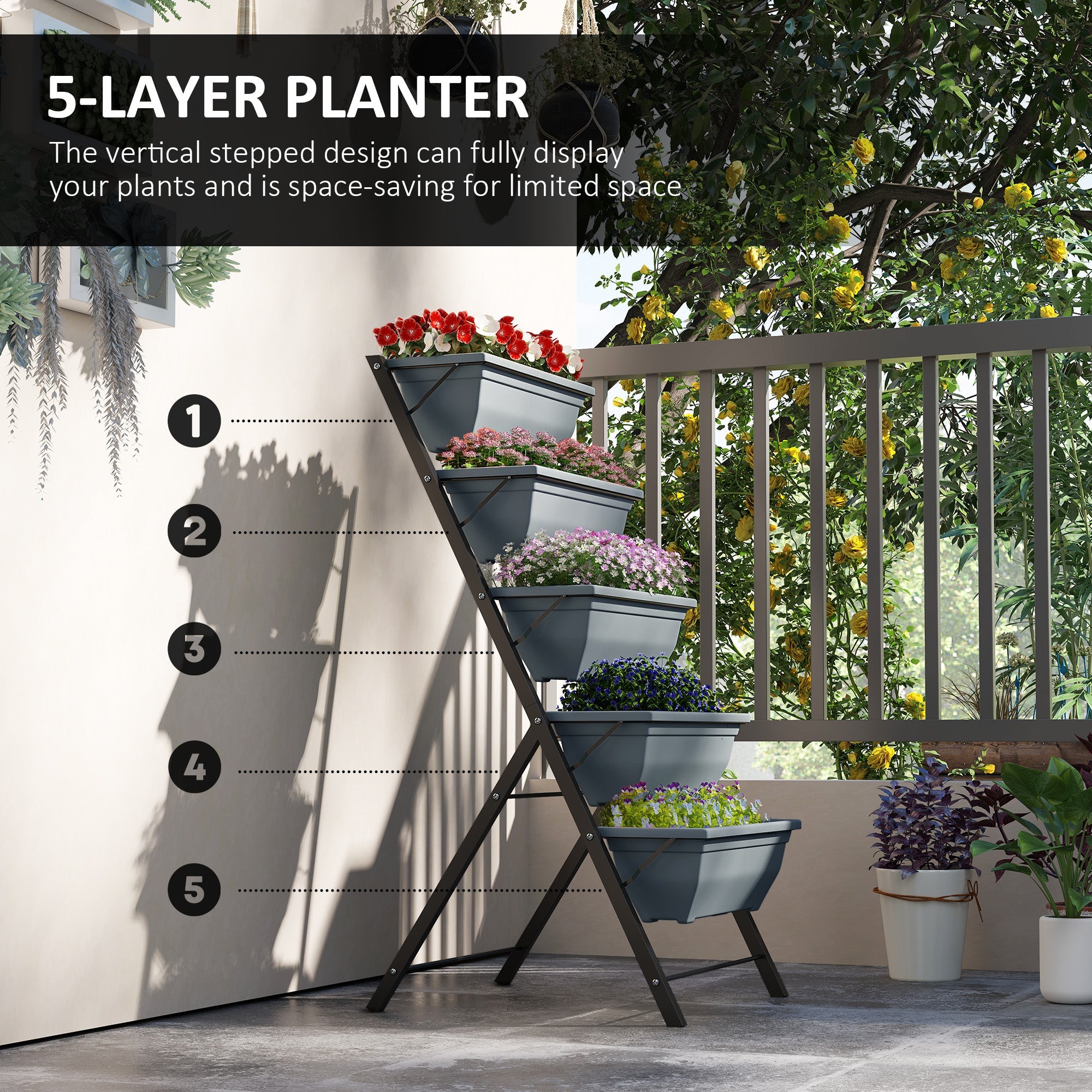 Outsunny 5-Tier Raised Garden Bed Plant Stand Flower Pots with Leaking Holes Grey 