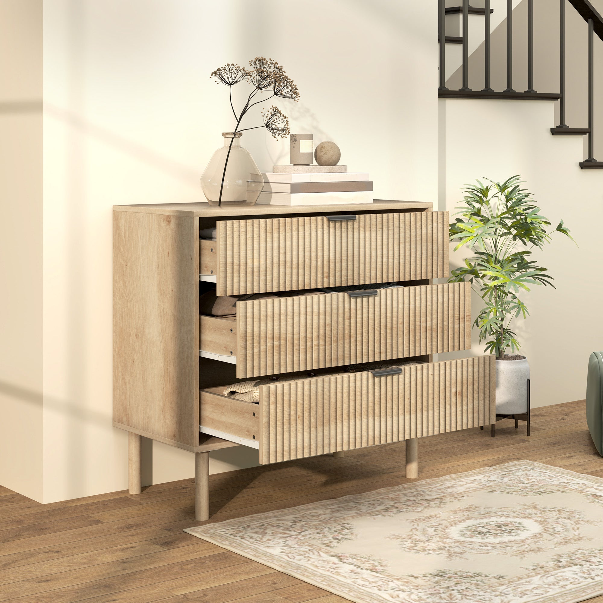 HOMCOM Bedroom Chest of Drawers, 3 Drawer Dresser with Fluted Panels and Solid Wood Legs, Storage Cabinet for Living Room, Oak 