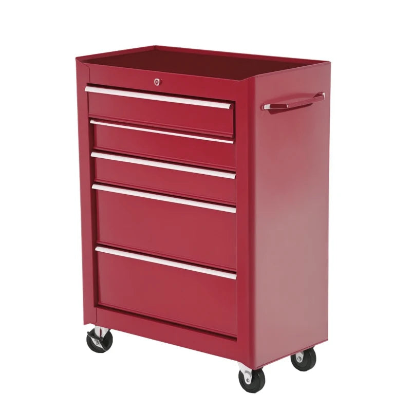 5-Drawer Rolling Tool Cabinet on Wheels, Lockable Tool Chest, Tool Organizer for Garage, Factory and Workshop, Red