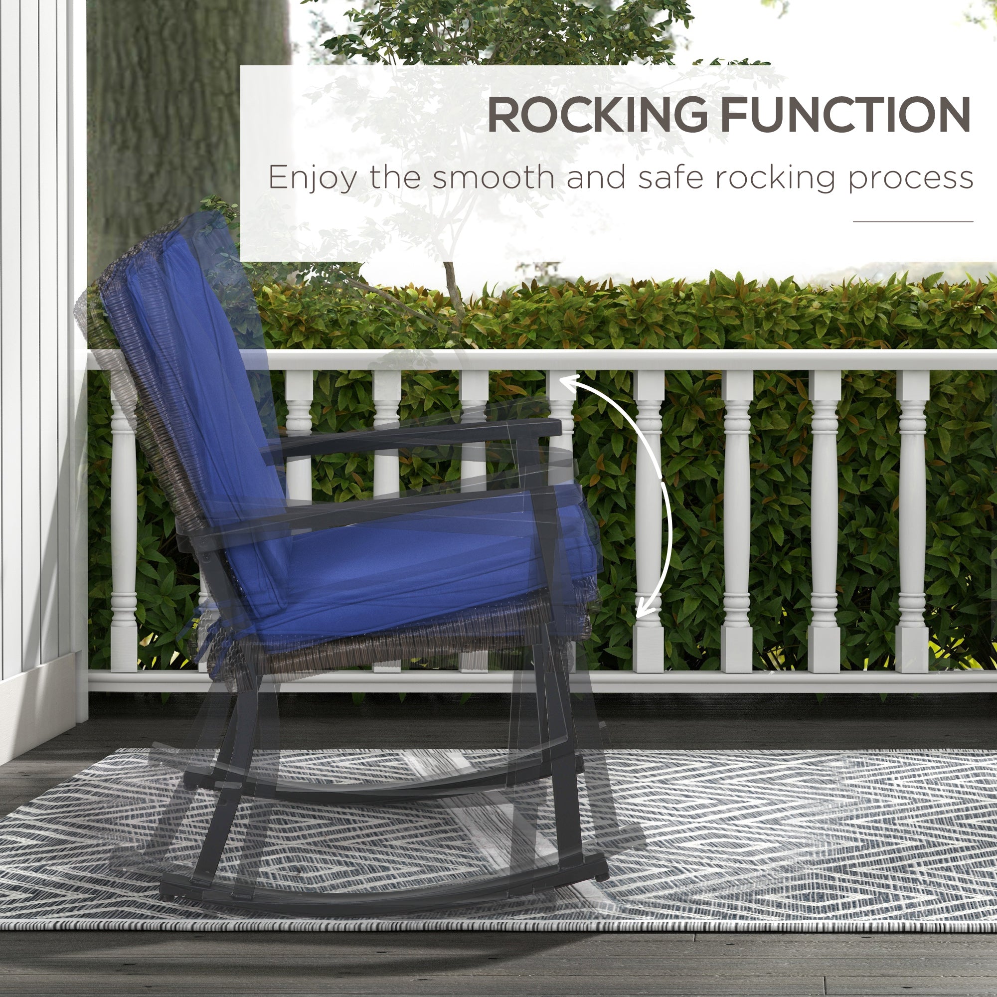 Outsunny Patio Wicker Rocking Chair Outdoor PE Rattan High Back Armrest Seat Cushion Blue Color Furniture 
