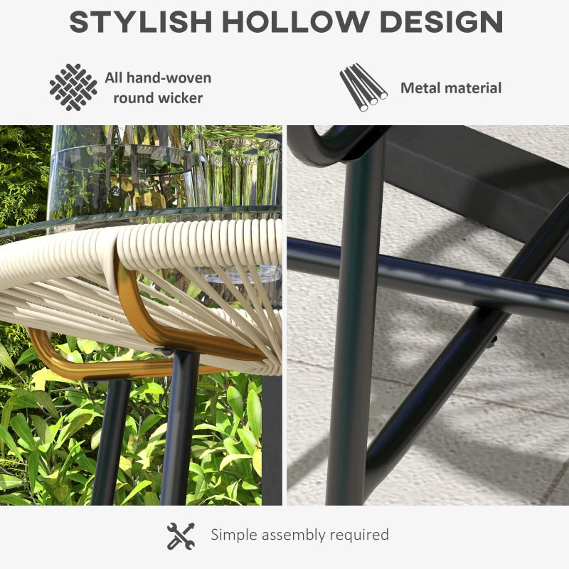 Rattan Side Table, Round Outdoor Table, with Round PE Rattan and Tempered Glass Table Top for Patio, Garden, Cream White
