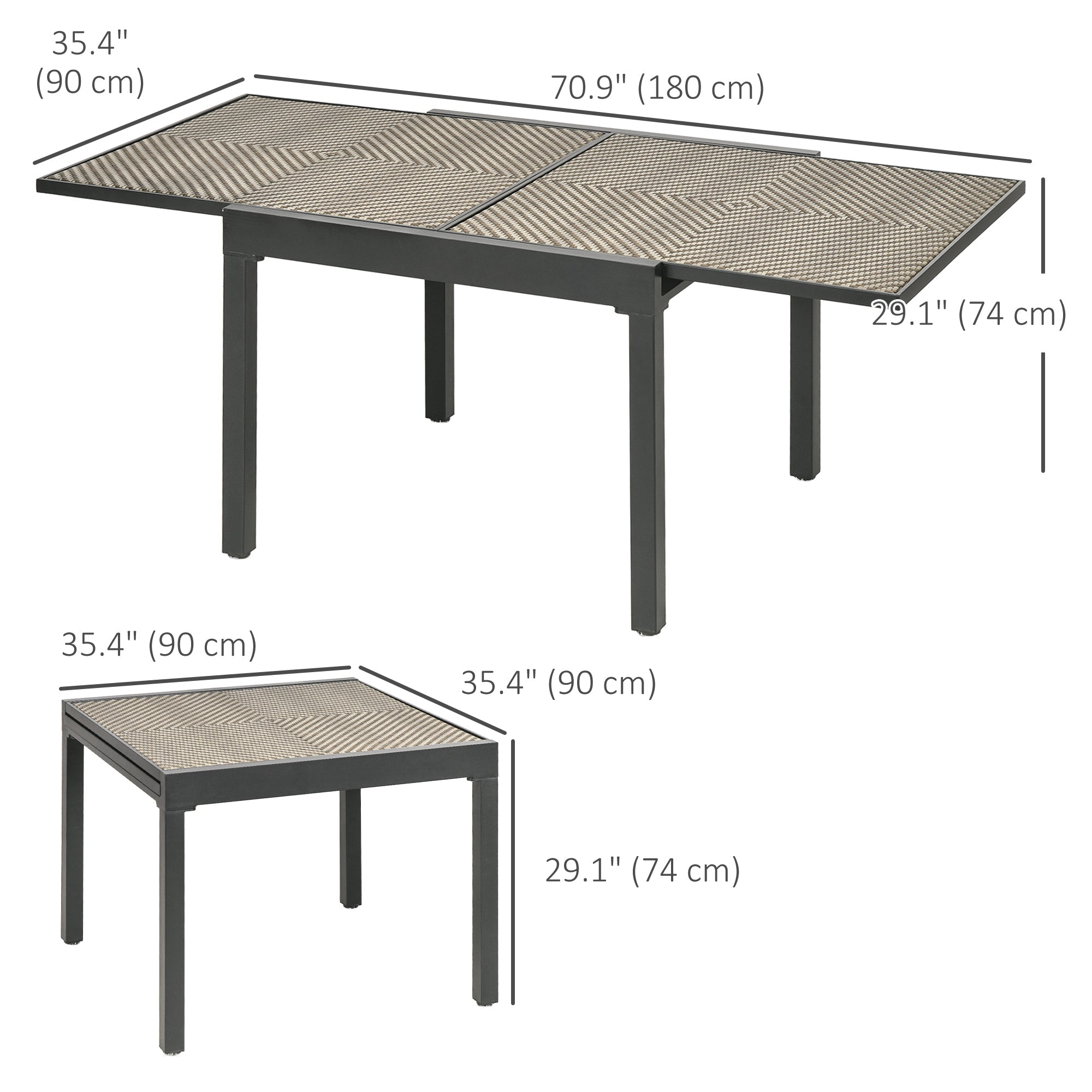 Outsunny Extendable Rattan Dining Table Patio Aluminum Frame Retractable Mixed Brown 90/180 x 90 cm 
