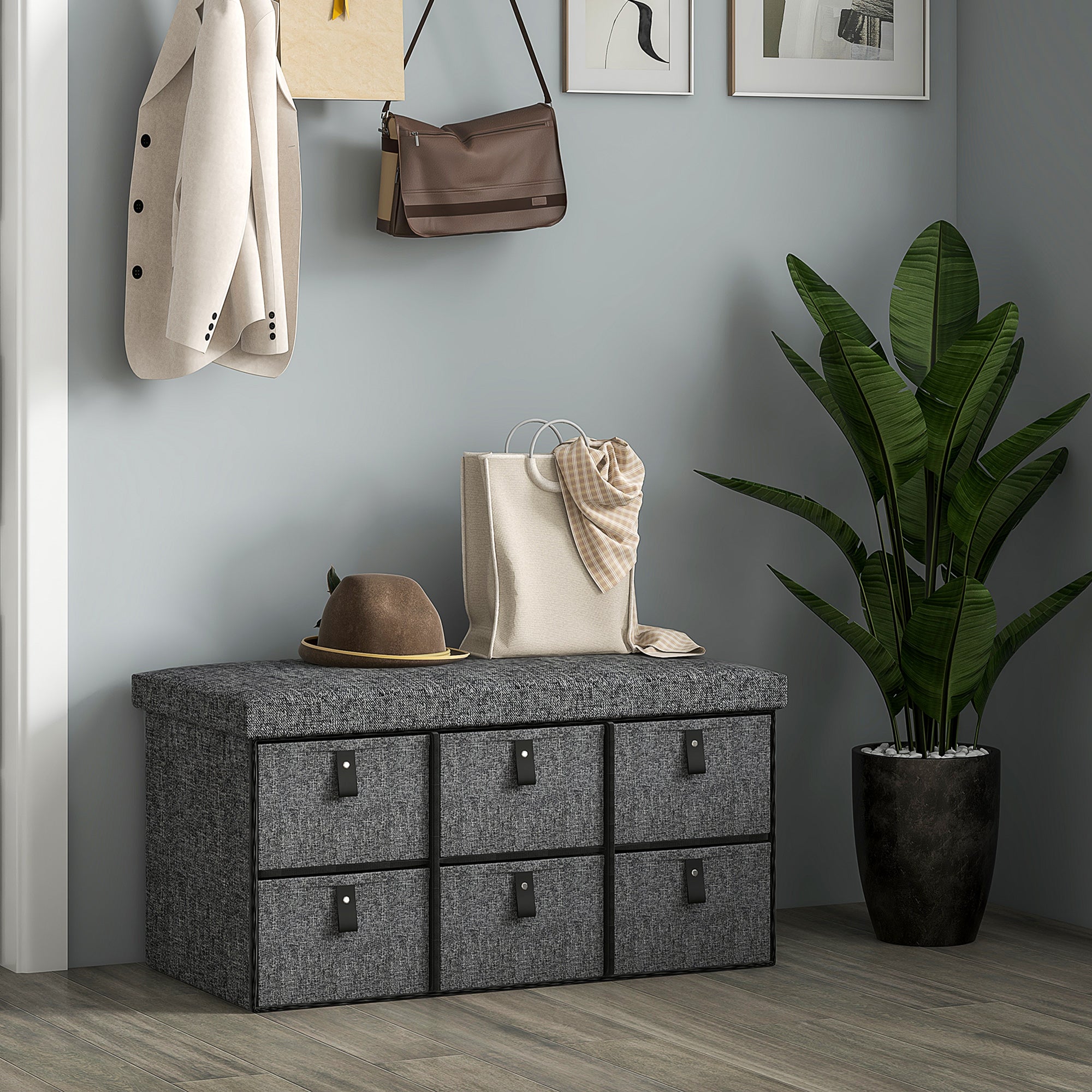 HOMCOM Shoe Bench with Seat, Shoe Storage Bench with Cushion and 6 Fabric Drawers for Entryway, Hallway, Bedroom, Charcoal Grey 