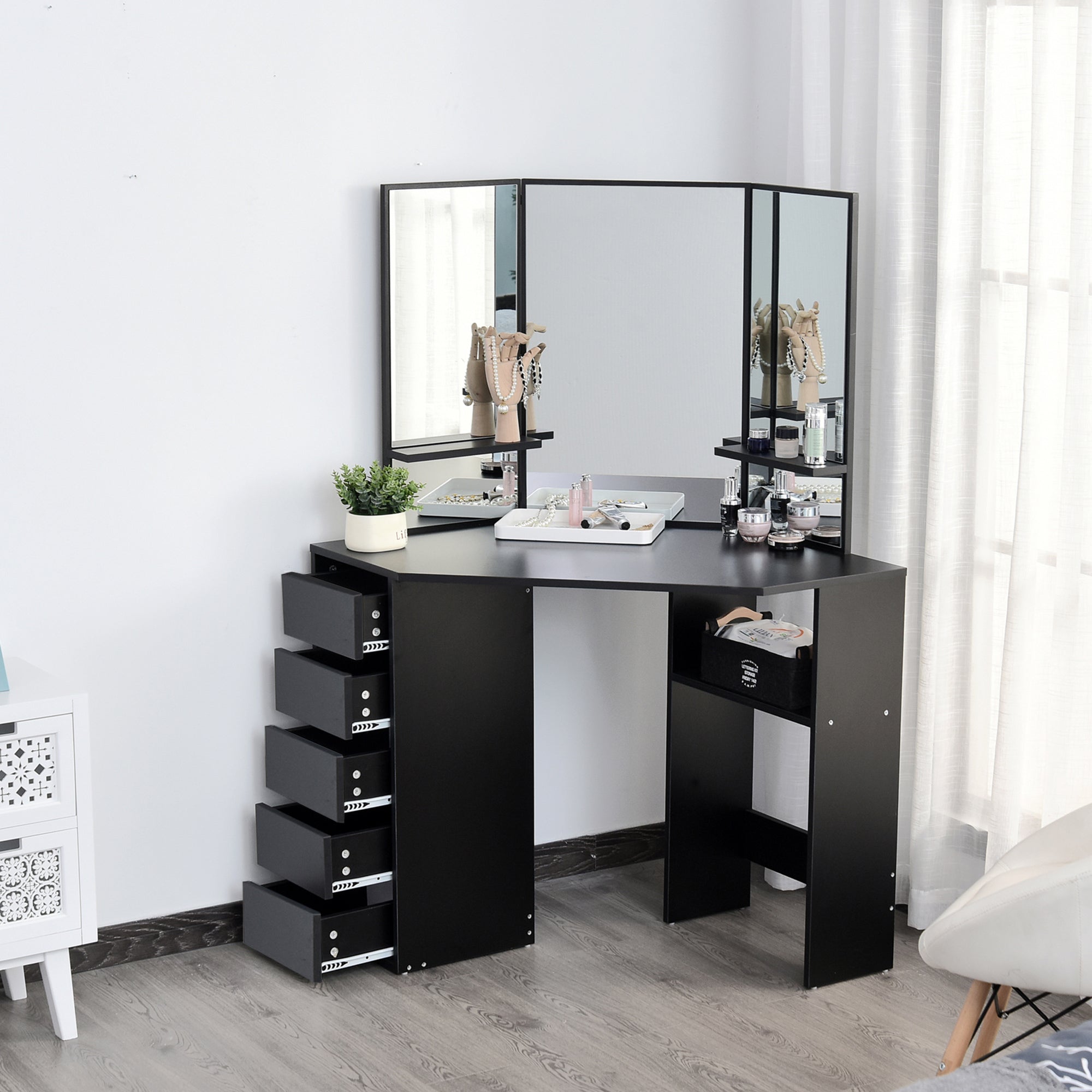 HOMCOM Corner Vanity Table Small Makeup Desk with Drawers and Mirror for Bedroom Black 