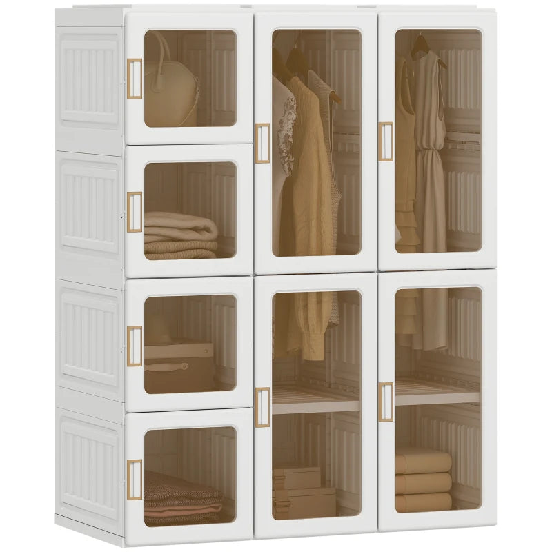 Portable Wardrobe, Foldable Plastic Closet with 8 Compartments, 2 Hanging Rods and Magnetic Clear Doors, Brown