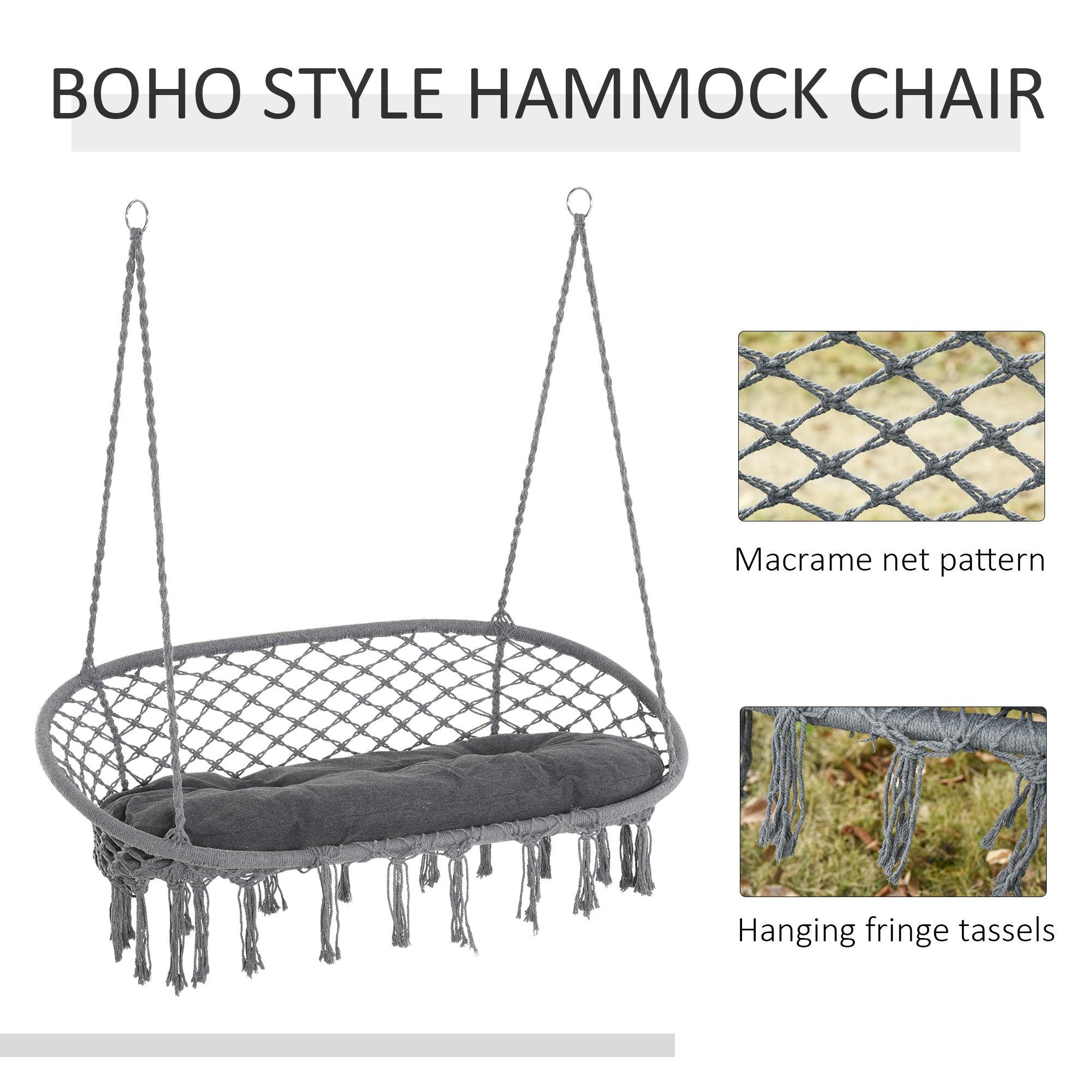 Outsunny Hammock Chair Hanging Rope Swing Metal Frame Cushion Large Macrame Seat Indoor Outdoor Dark Grey 
