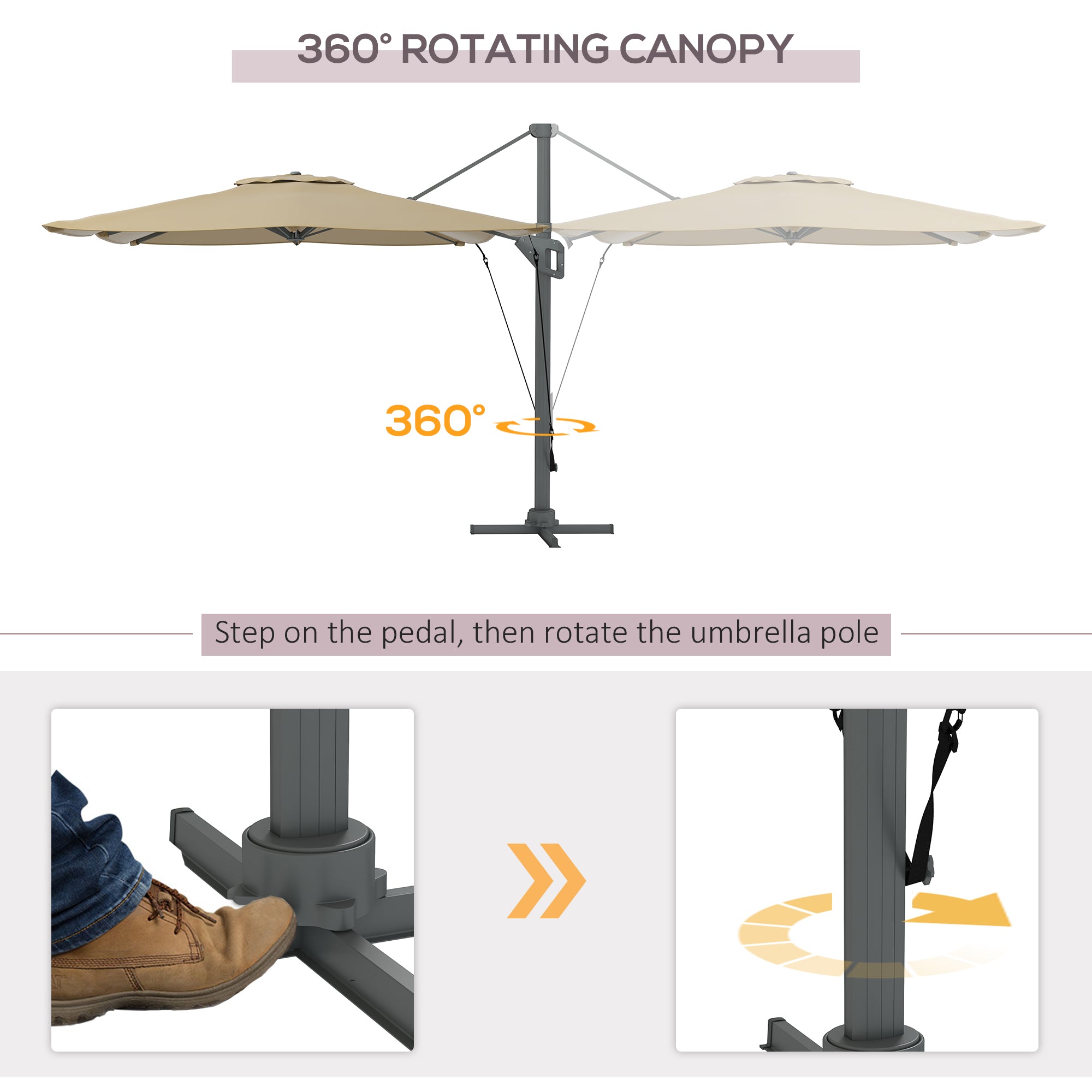 Outsunny 13 FT Cantilever Umbrella in Khaki - Aluminum, 360° Rotation, Crank, Tilt, with Cross Base 