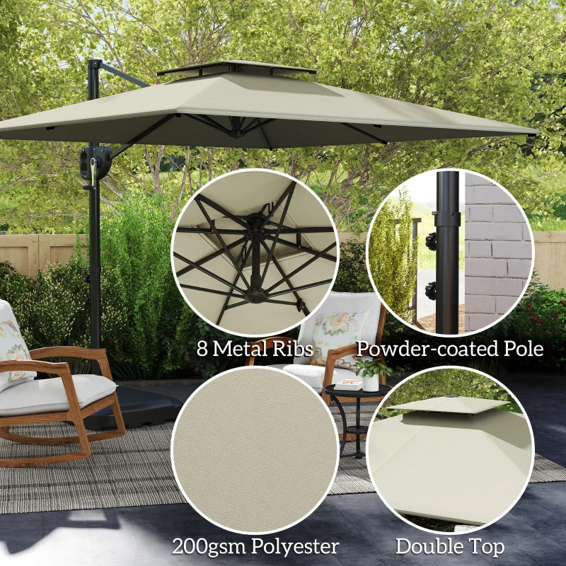 Square Cantilever Patio Umbrella, Double Top Patio Hanging Offset Umbrella with Crank & Tilt, 8' x 9', Light Grey