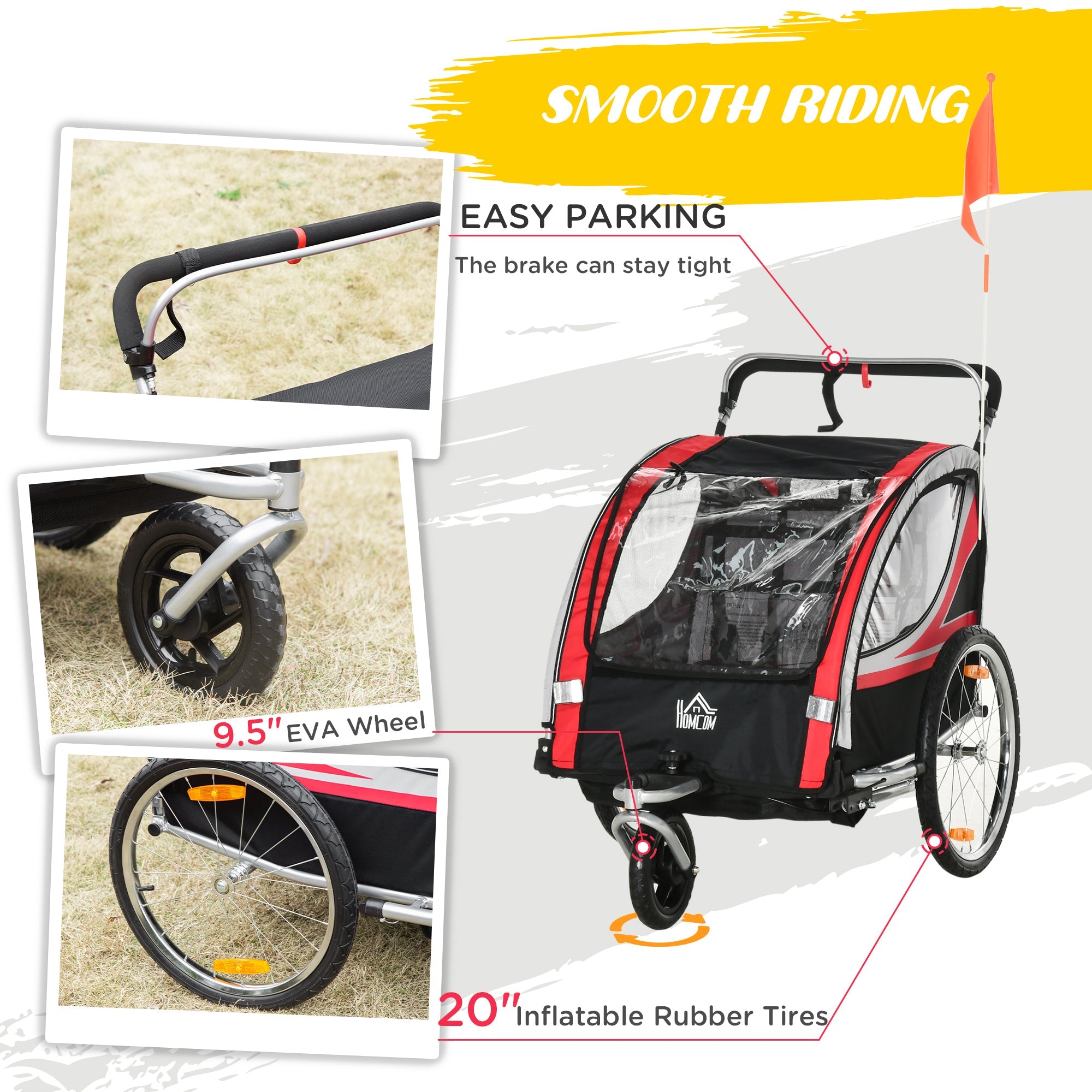 Aosom 2-in-1 Child Bike Trailer & Stroller, Safety Brake, Storage, Reflective, Red, 5-Point Harness 