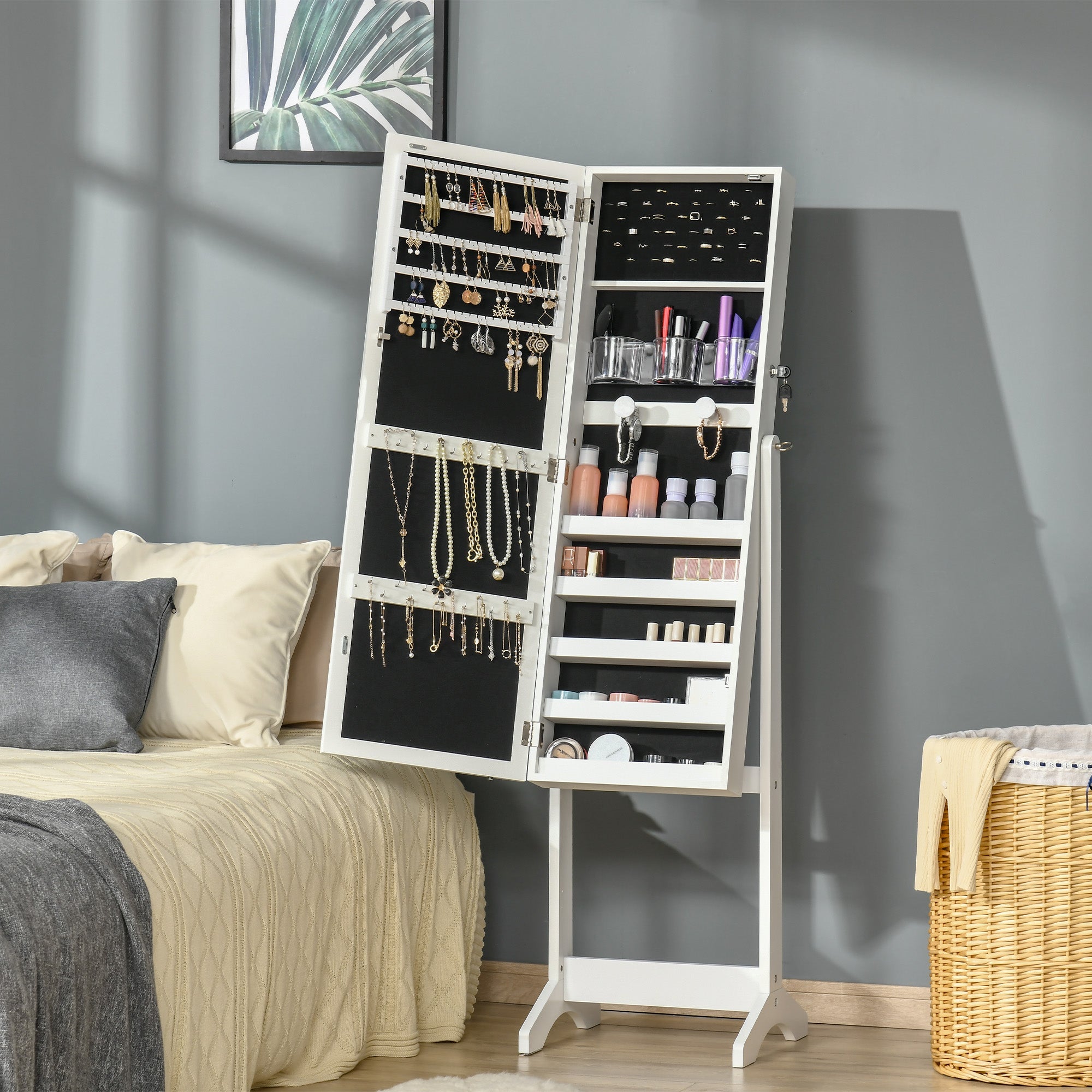 HOMCOM Lockable Jewelry Cabinet: With LED Light, Full-Length Mirror for Bedroom, Dressing Room, White 