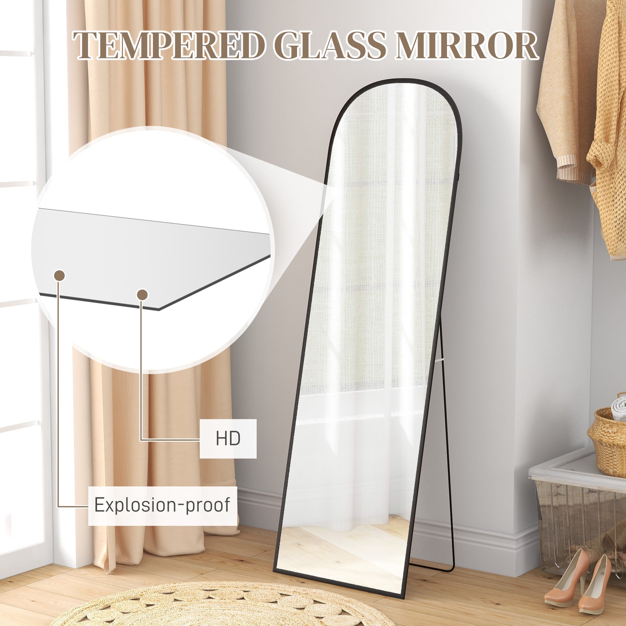HOMCOM Elegant Arched Standing Mirror 64"x20" Full-Length Versatile Free Standing or Wall Mounted Living Room & Bedroom Black 