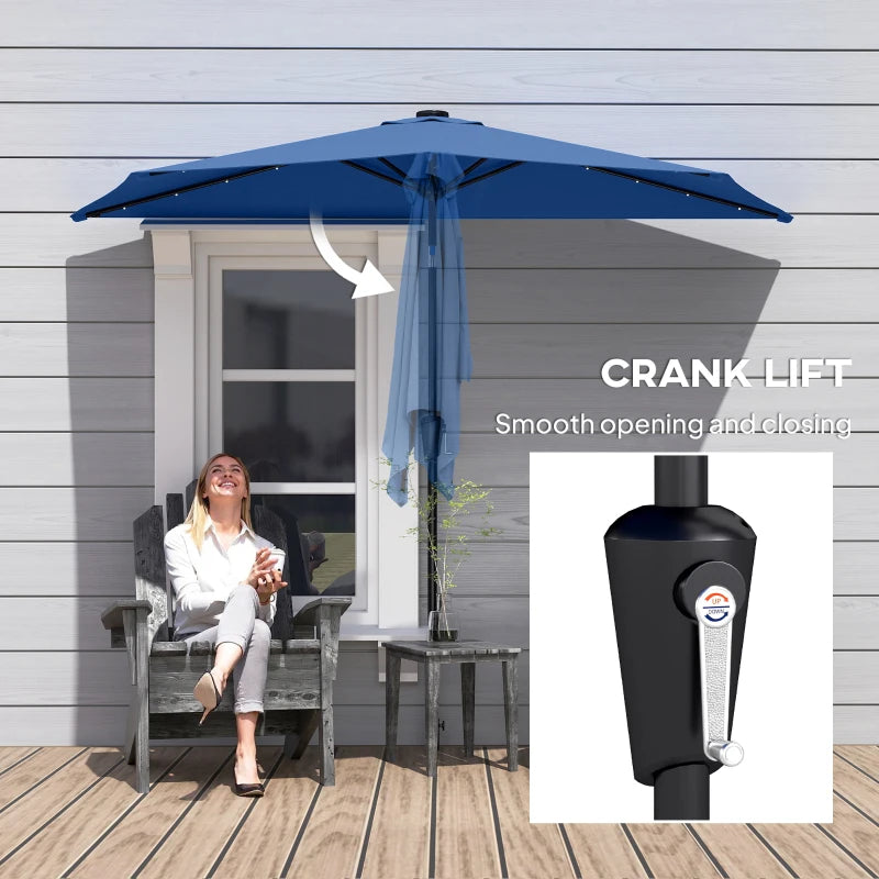 Half Outdoor Patio Umbrella with Solar LED Lights Half Umbrella with Crank 105.1" x 53.5" Navy Blue