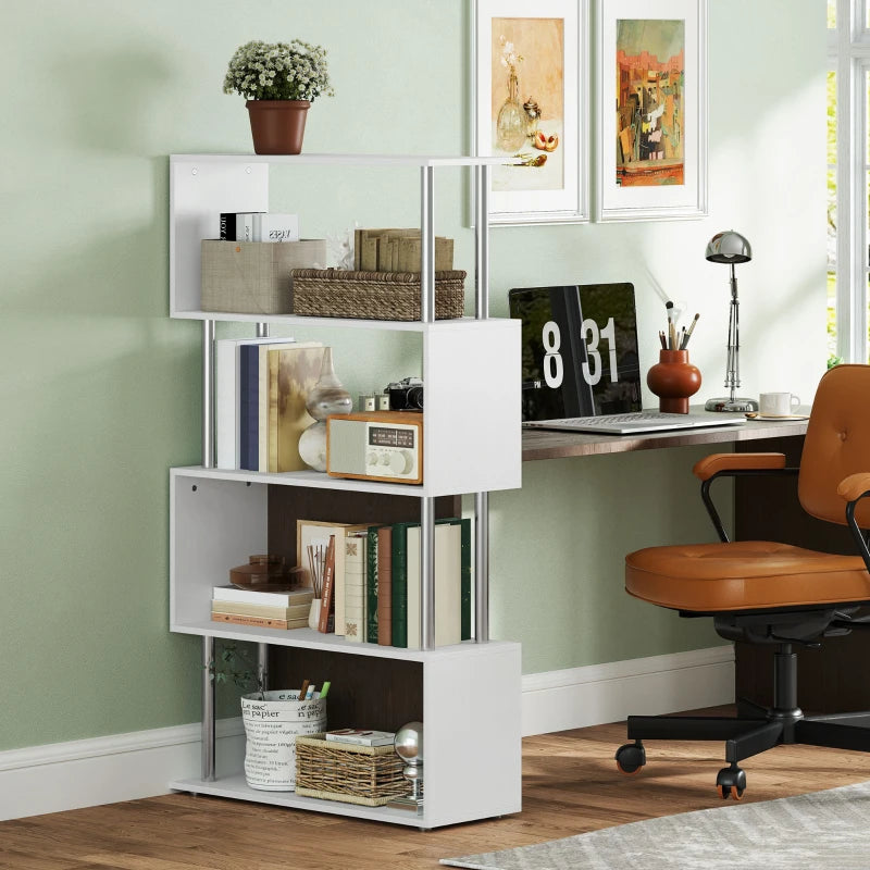 5-Tiers Geometric Wooden Bookcase S-Shaped Storage Bookshelf Display with Metal Frame for Living Room, Bedroom, Home Office, White