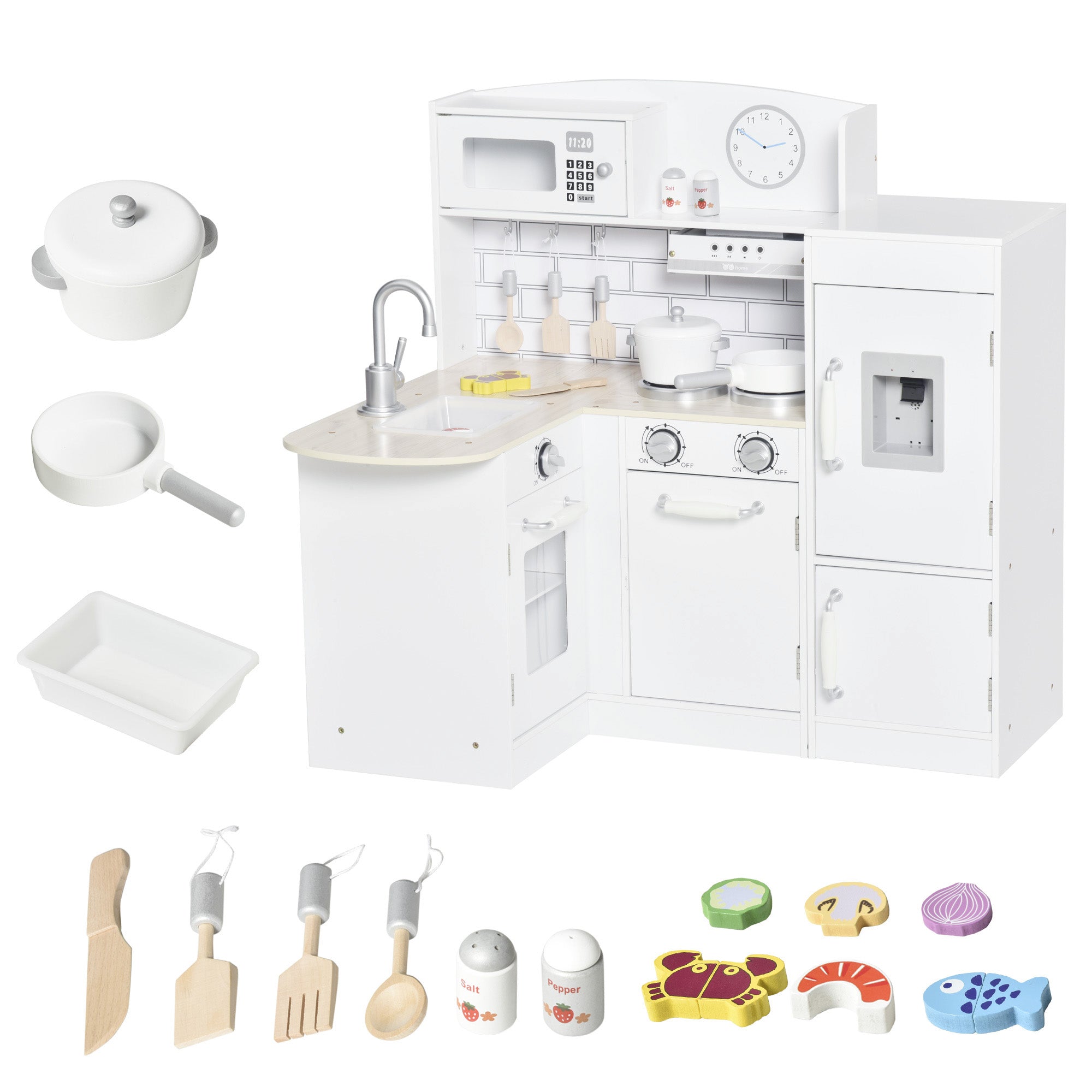 Qaba Play Kitchen Set for Kids - White Cooking Toy with Drinking Fountain, Microwave, Fridge & Accessories 