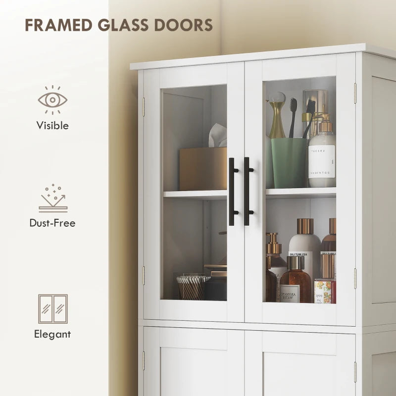 Tall Bathroom Cabinet with Glass Doors, Space-Saving Unit with Adjustable Shelves, Freestanding Storage, White
