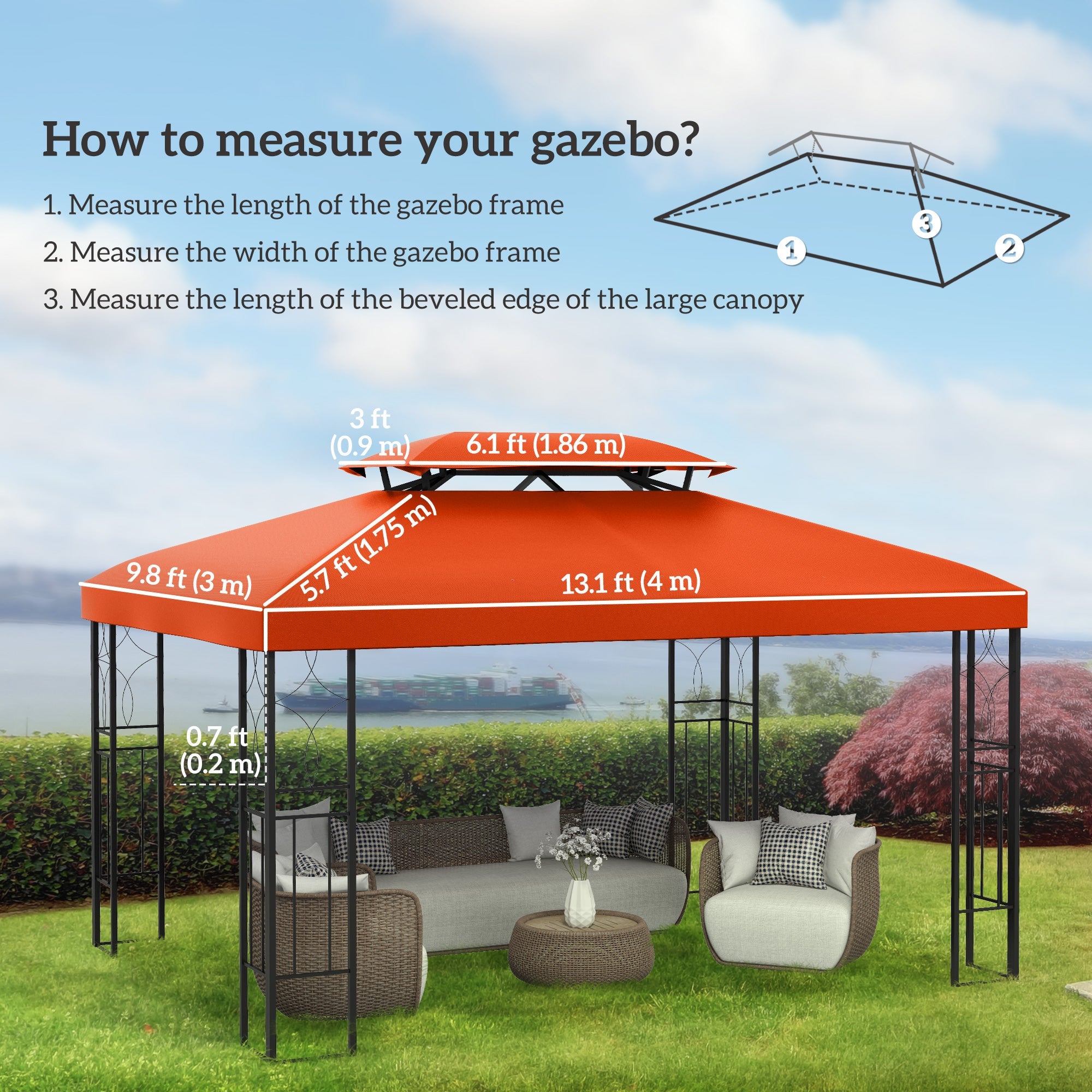 Outsunny 13' x 10' Gazebo Replacement Canopy, Rust Red UV Protection 2 Tier Top Cover for Outdoor Patio Garden 