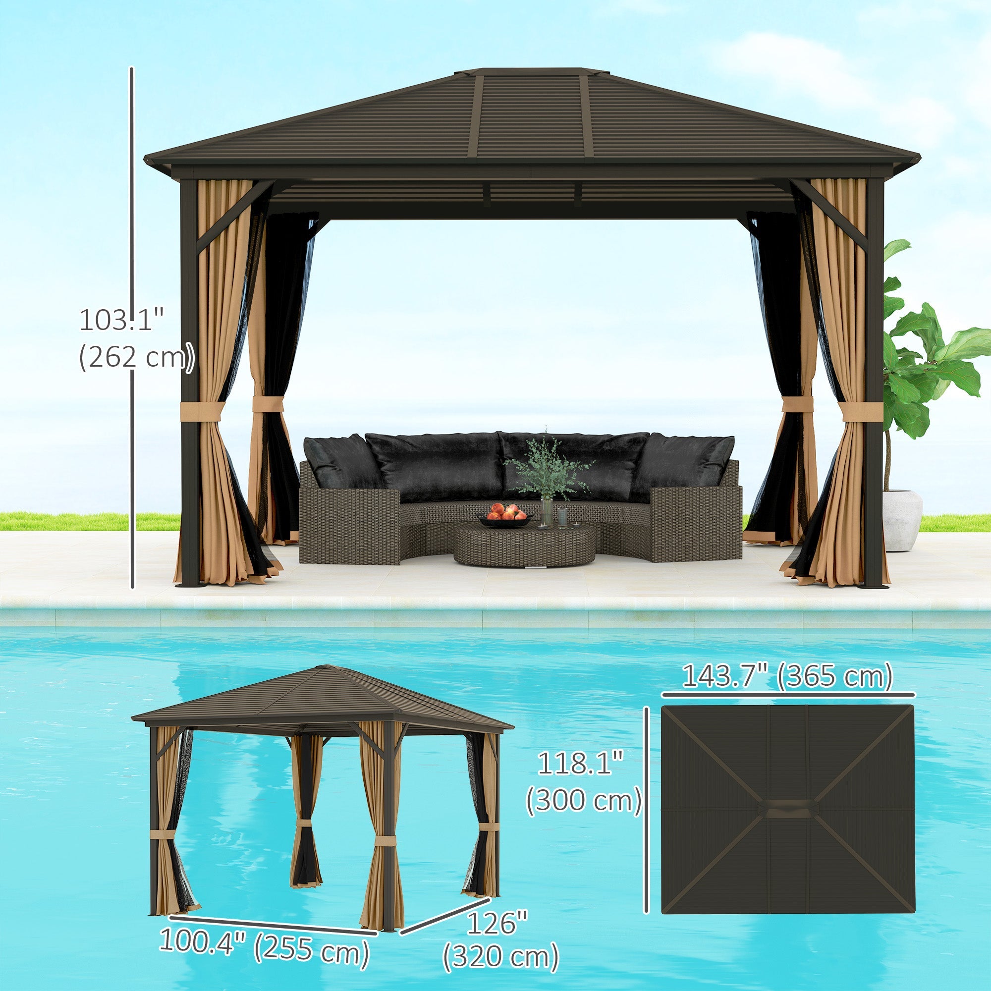 Outsunny 10' x 12' Deluxe Hardtop Gazebo with Metal Roof, Aluminum Frame Patio Gazebo Garden Sun Shelter Outdoor Pavilion with Curtains and Netting, Coffee 